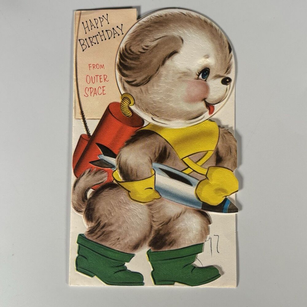 Vintage Die Cut Birthday Card Dog Astronaut Space Rocket Anthropomorphic Emboss